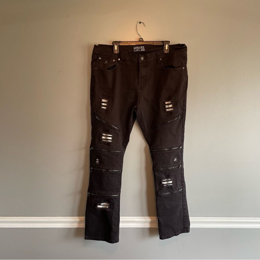 Grindhouse Denim Black jeans size 38 Buckle zippers distressing on legs Mens
